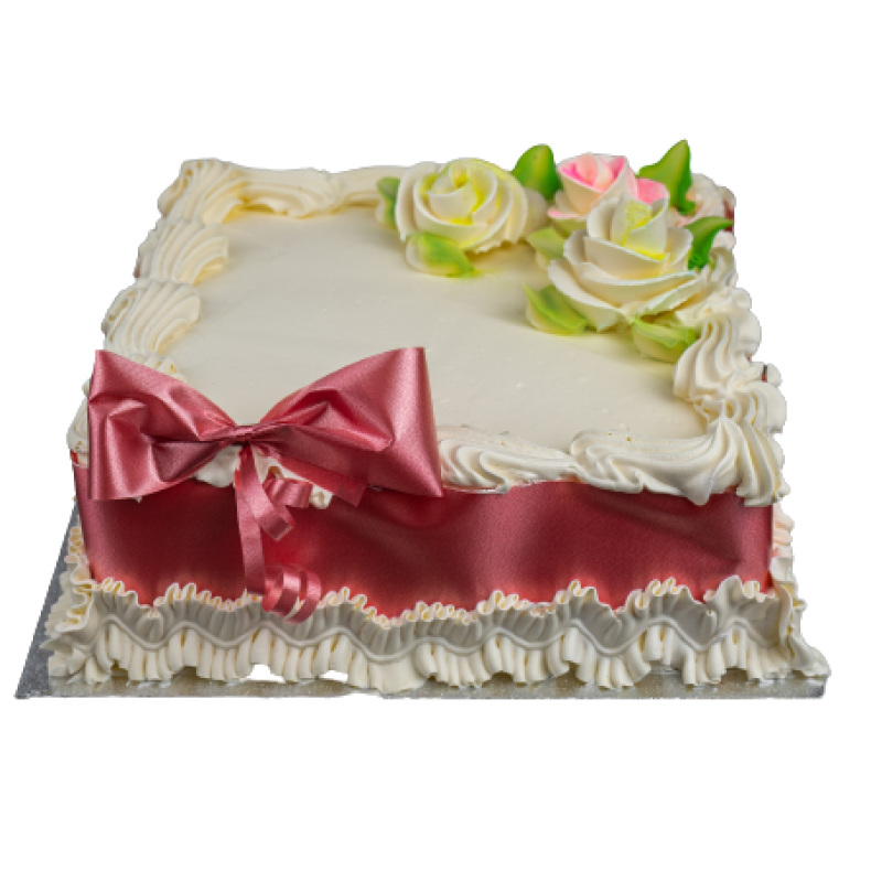 8 Inch Square Cherry Colour Ribbon Vanilla Cake