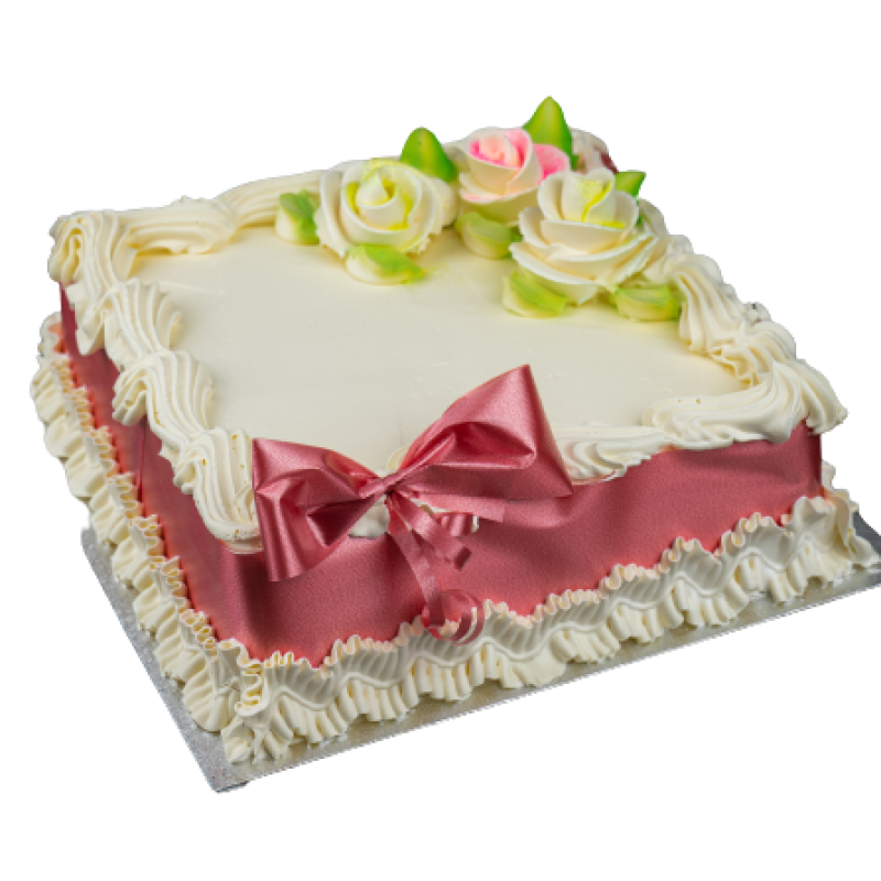 8 Inch Square Cherry Colour Ribbon Vanilla Cake